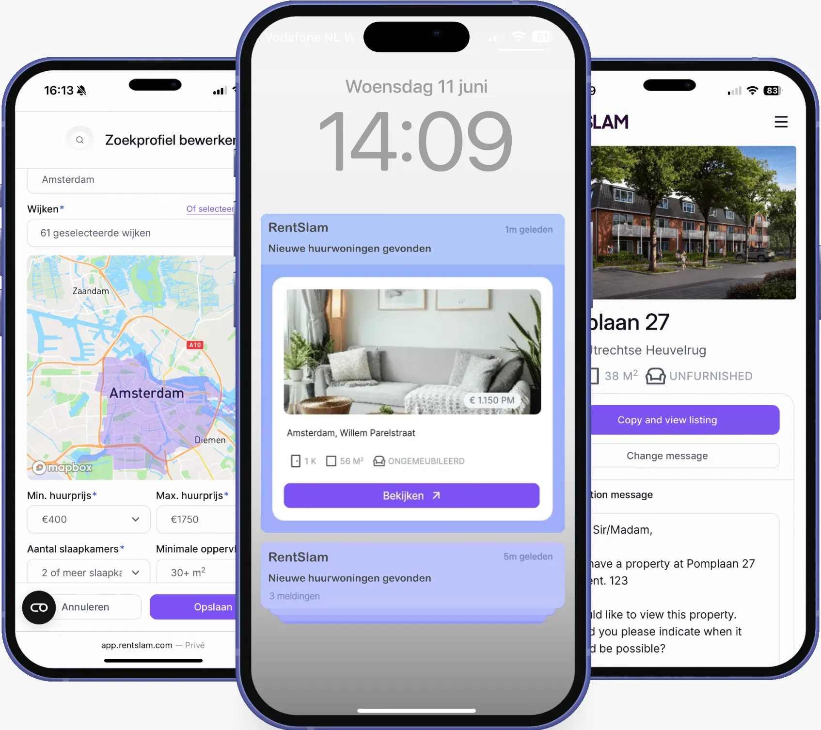 Drie telefoons met functies van de RentSlam-app
