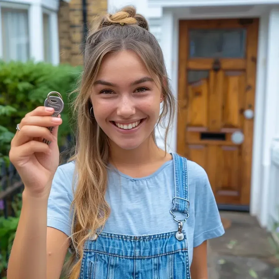 Vrouw met de sleutel van haar nieuwe huurwoning