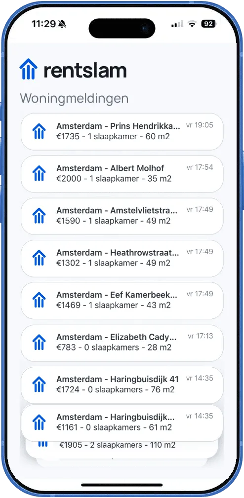 Voorbeeld van RentSlam-woningmeldingen in de app