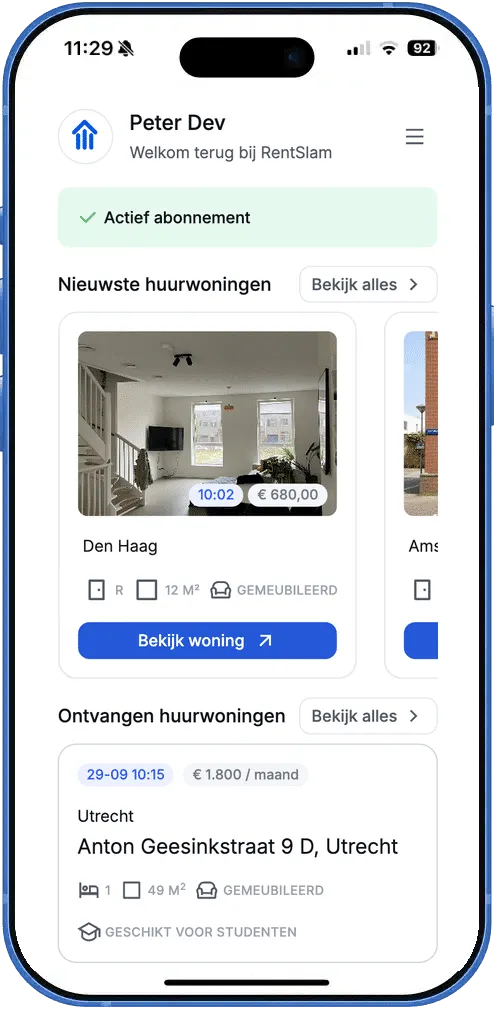 RentSlam-dashboard met woningfoto, woninggegevens en de knop Bekijk woning