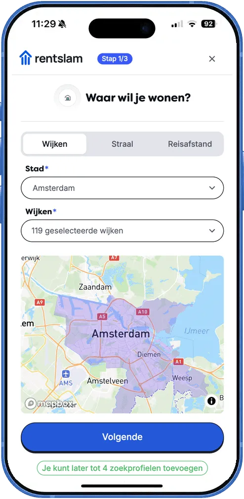 RentSlam-zoekprofiel met locatiekeuze en kaart