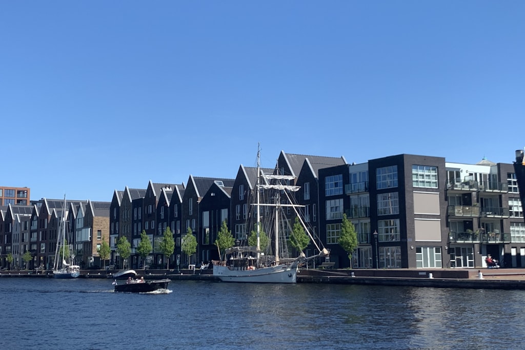 Haarlem Spaarne waterfront with historic architecture