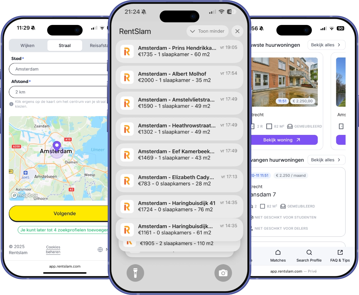 RentSlam zoekinstellingen, alerts en woningmatches op mobiel
