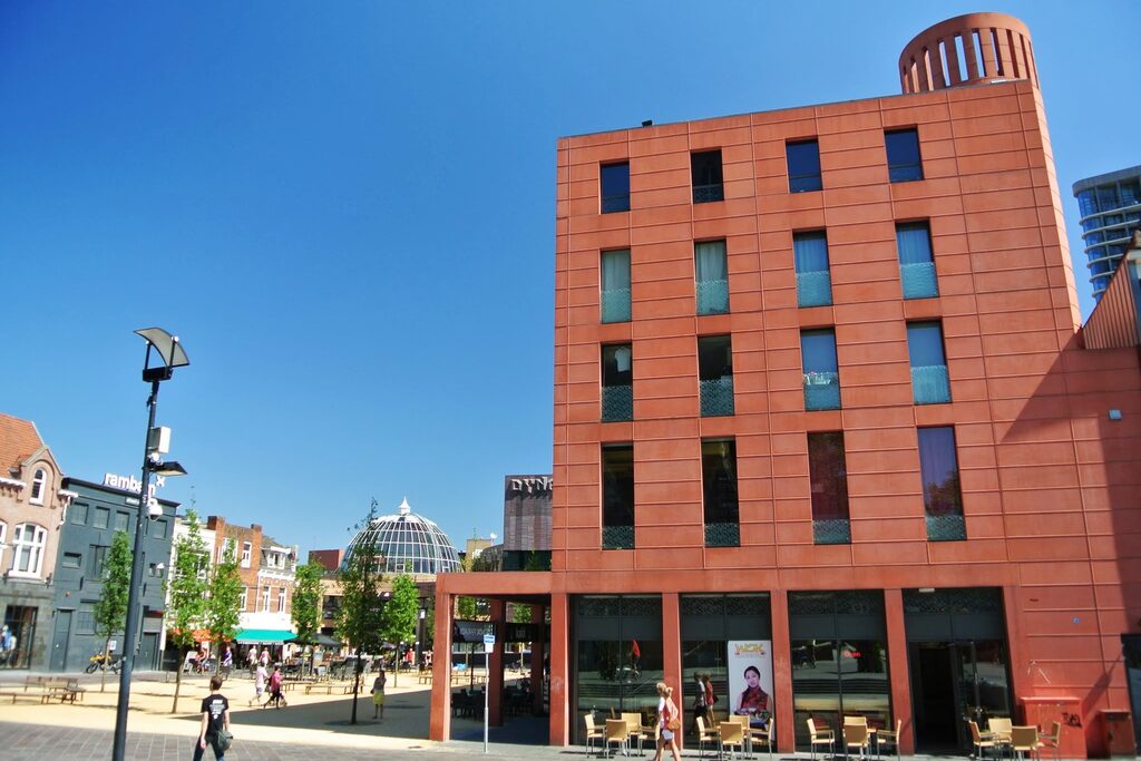 Eindhoven city centre with shops and pedestrians